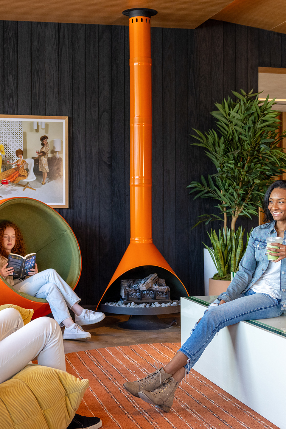 Community lounge area with a fireplace