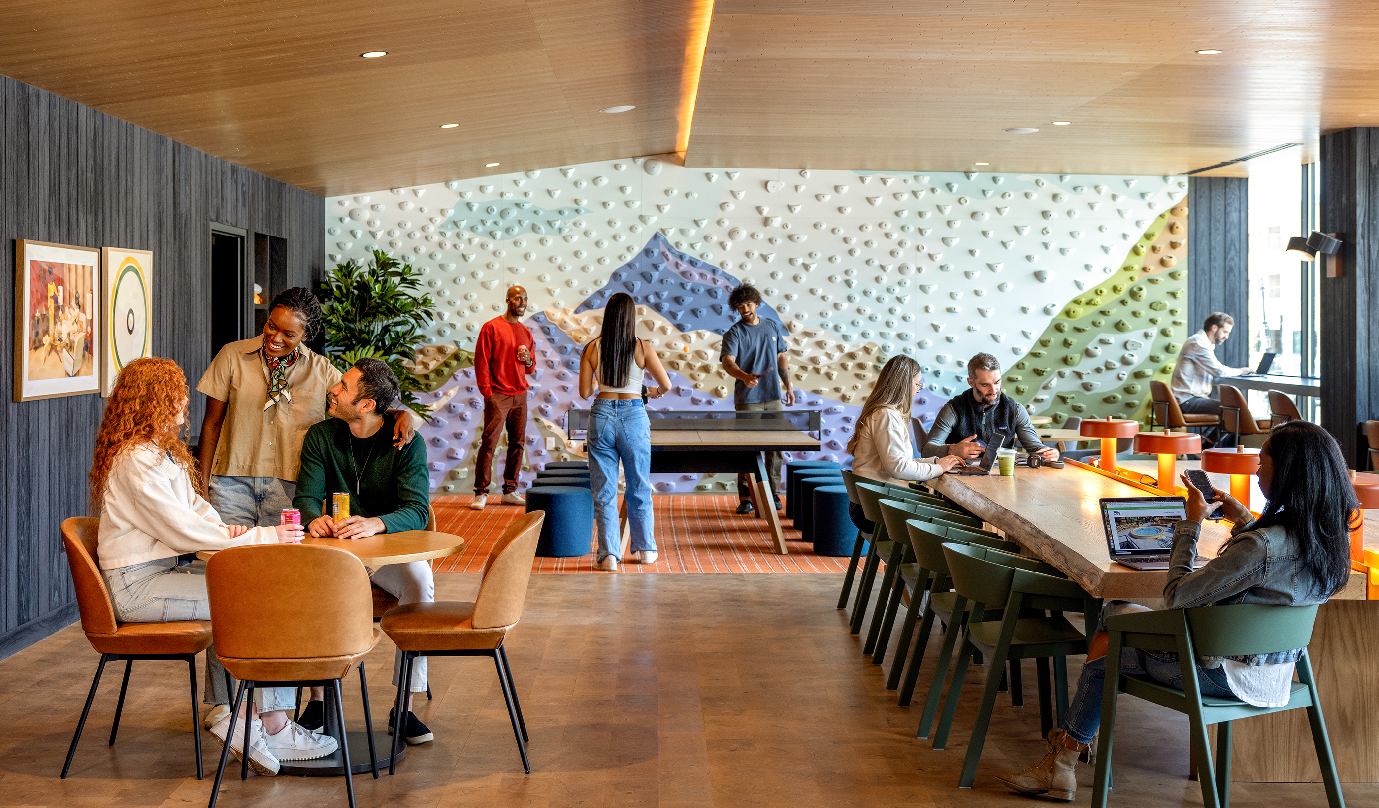 A community lounge area with table tennis