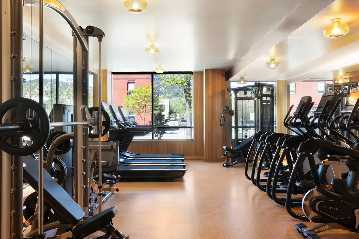 Fitness center with various types of cardio and weight equipment.